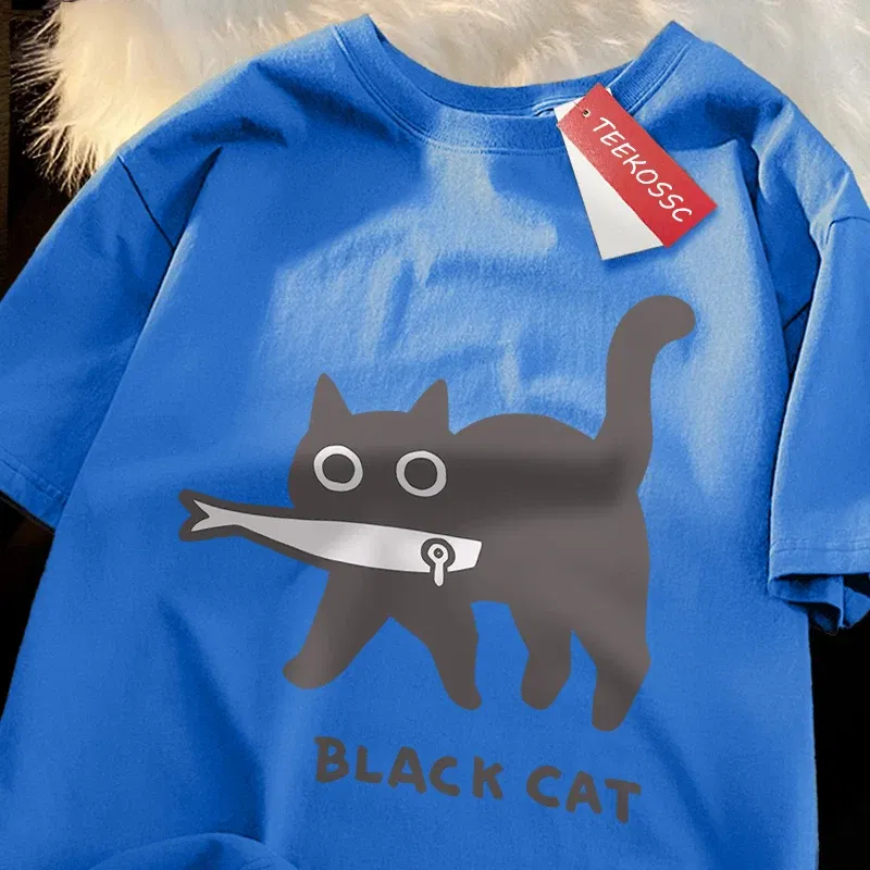 Color: army green, Size: L - Fun A Black Cat Eating Fish Japanese Style Men Women T-Shirt Fashion Print T Shirt Breathable Oversize T-Shirts Cotton Clothes