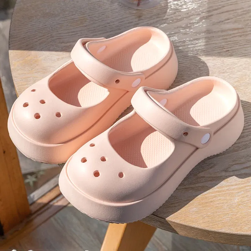 Color: Pink, Shoe Size: 35 - Summer Women Slippers Fashion Thick Bottom Hole Shoes EVA Slippers Anti Slip Baotou Slippers Outdoor Beach Sandals Slippers
