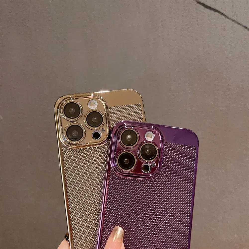 Color: Blue, Material: PP - Luxury Plating Hollowed Out Case for iPhone 12 13 Mini 11 14 Pro Max X XR Xs Max 7 8 Plus Heat Dissipation Shockproof Lens Cover