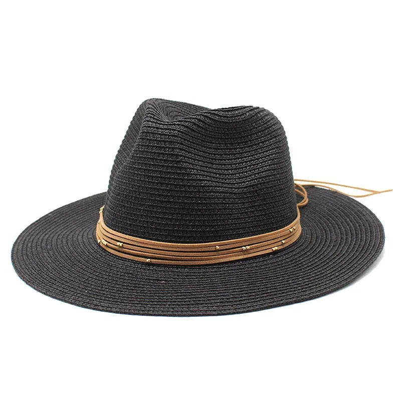 Color: black, Size: M - Big Size 60CM New Straw Hat 7cm Brim Summer Cooling Beach Sun Hat Outdoor Party Panama Jazz Hat Sombreros De Mujer