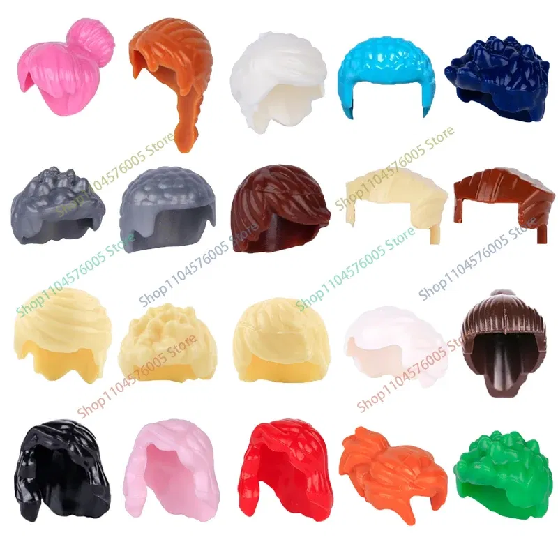 Color: Sand Green - MOC Brown Hair Building Blocks City Figures Body Creative Accessory Blond Gold White Parts DIY Hats Mini Bricks Assemble Toy S04