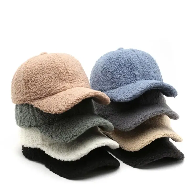 Color: Blue, Size: M - Autumn Winter Baseball Cap Women Artificial Lamb Wool Hats Keep Warm Cap Plush Baseball Caps Spring Baseball Cap Solid Sunshade