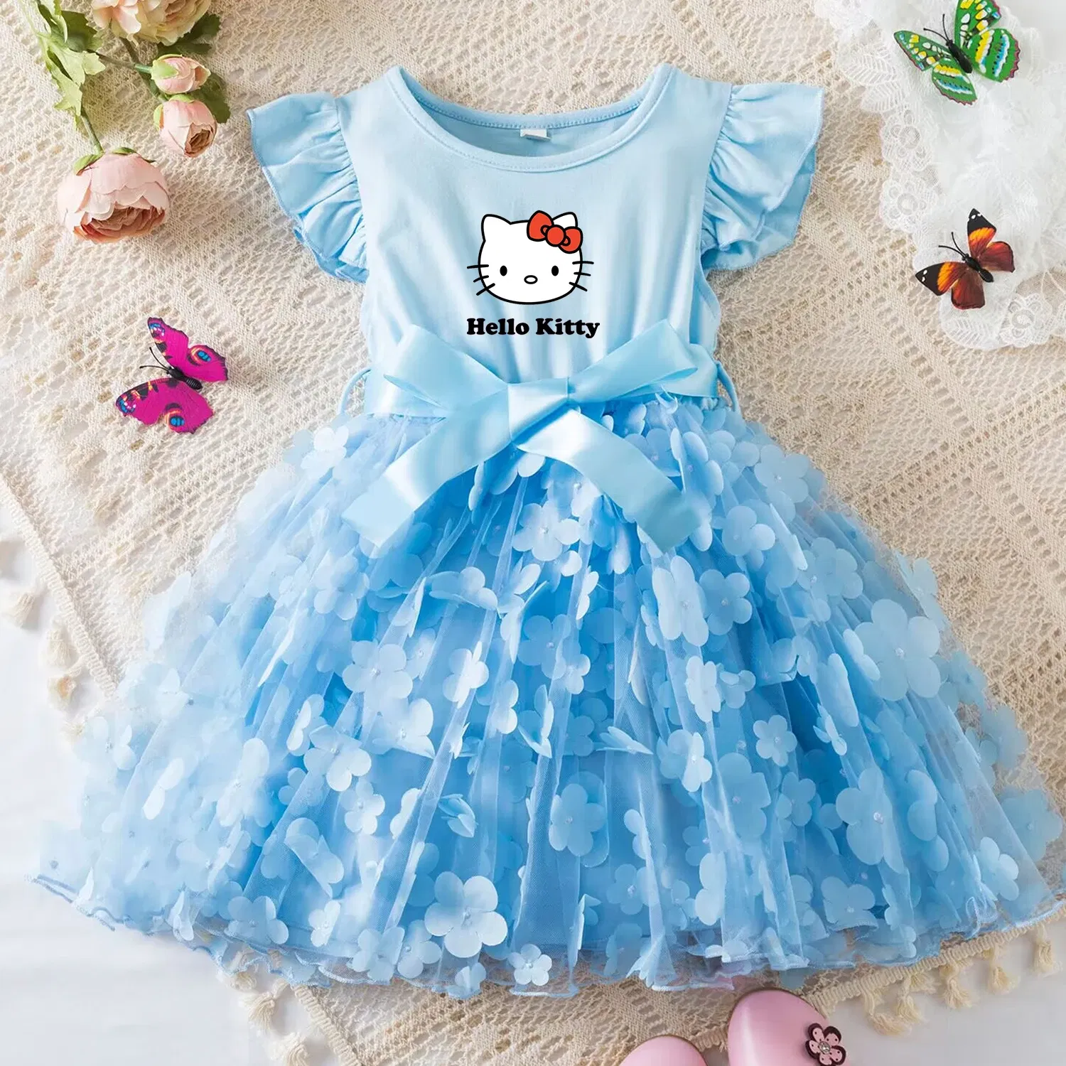 Color: Burgundy, Size: M - Hello Kitty Summer Dress for Kid's Casual Clothes 3D Butterfly Cute Baby Girls Princess Dress Party Dresses 2-6 Yrs