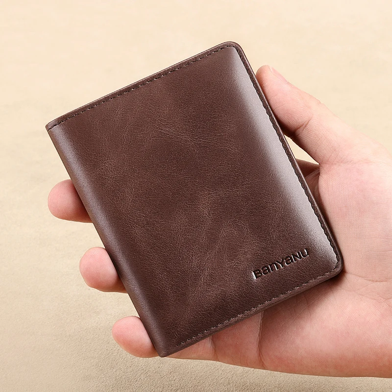 Color: Orange - Simple Design Men Card Holder Purse Vertical Slim Money Clip Genuine Leather Wallet for Men Anti RFID