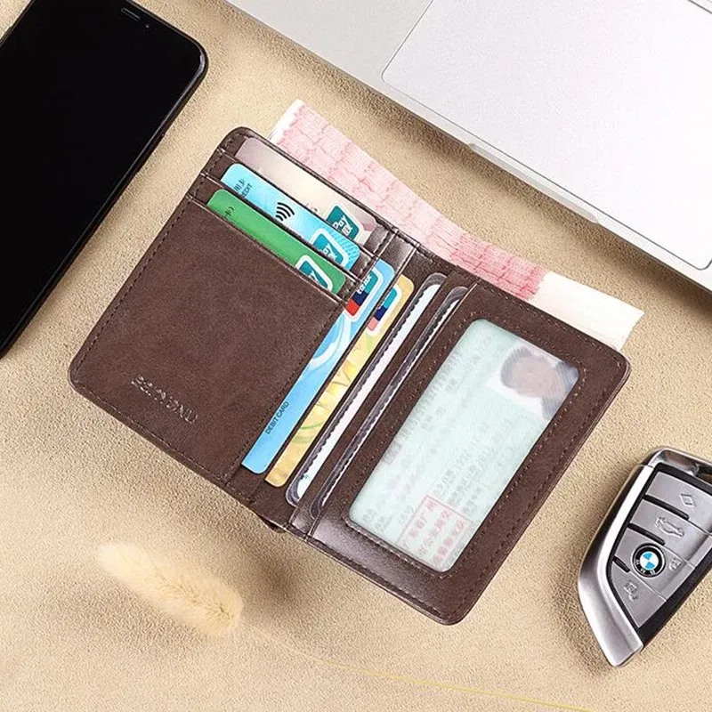 Color: Orange - Simple Design Men Card Holder Purse Vertical Slim Money Clip Genuine Leather Wallet for Men Anti RFID