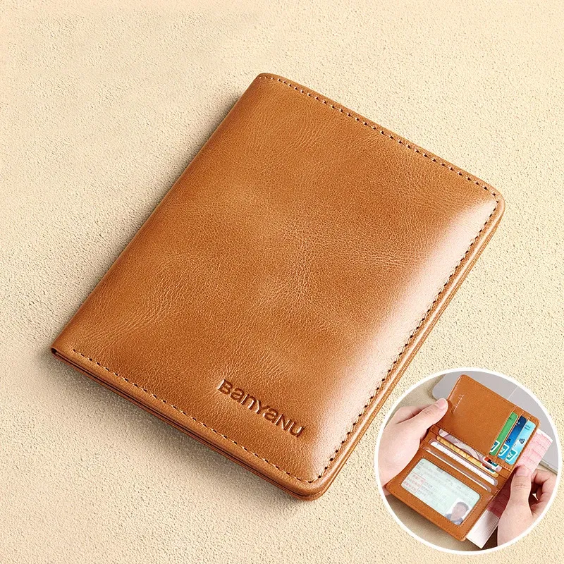 Color: Orange - Simple Design Men Card Holder Purse Vertical Slim Money Clip Genuine Leather Wallet for Men Anti RFID