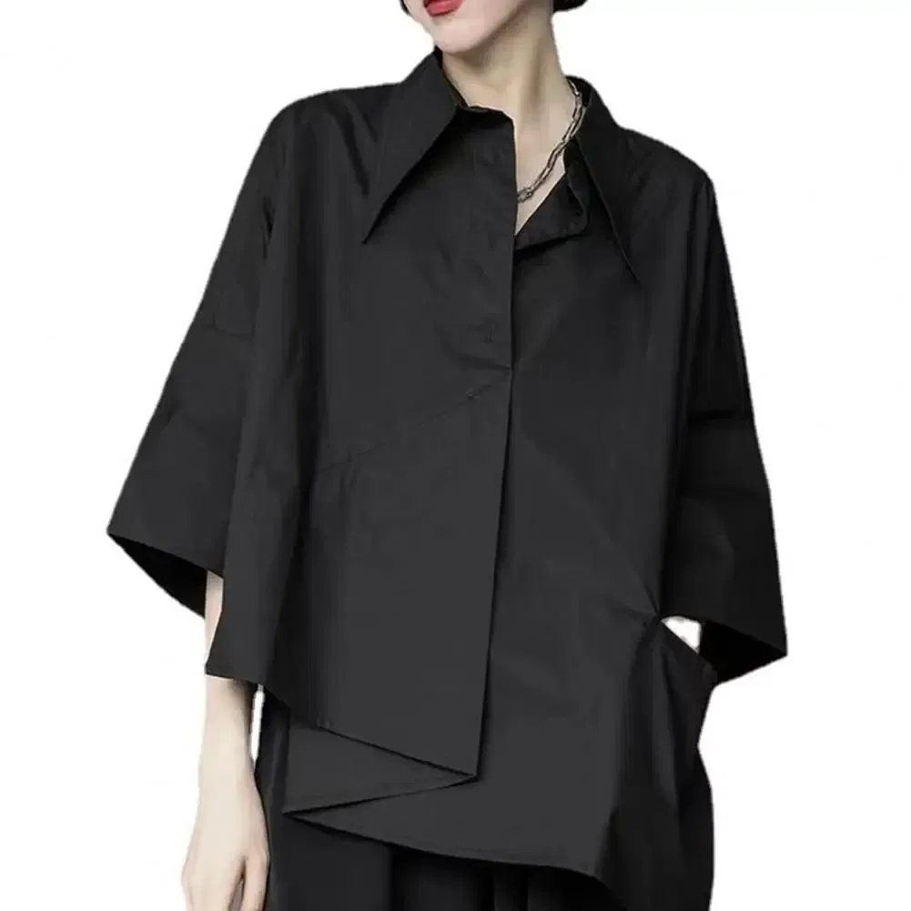 Color: black, Size: M - Men Shirts Irregular Hem Black White Shirts Single Breasted Shorts Sleeves Handsome Blouse Men Women Tops Summer Spring Shirts