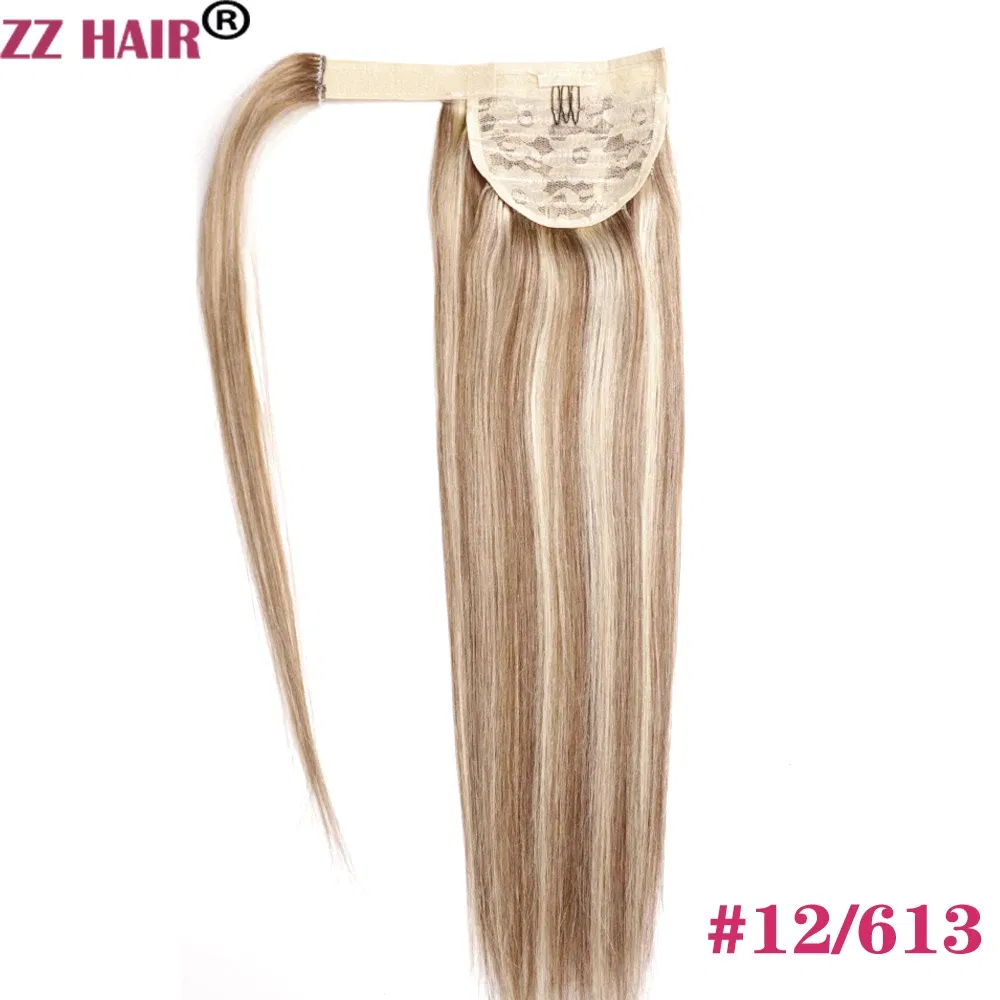 Color: P12/613, Life Span: 6 Months With Proper Care, Stretched Length: 16inches, Longest Hair Proportion: 35%-45% - ZZHAIR 100% Human Hair Extensions 16"-28" Machine Made Remy Magic Wrap Around Ponytail 60g-120g Clip In Horsetail Stragiht