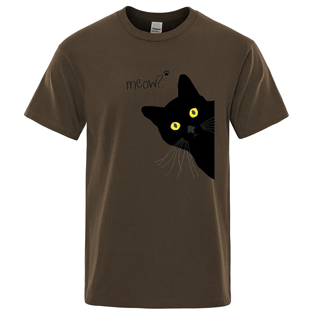 Color: SKY BLUE, Size: S - Meow Black Cat Funny Printing Men T-Shirts Breathable Tee Clothes Summer Streetwear Tops Oversized Loose Cotton Short Sleeve