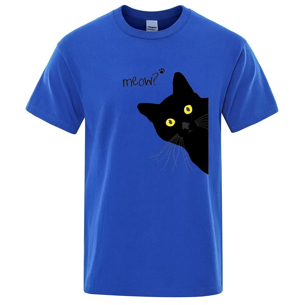 Color: SKY BLUE, Size: S - Meow Black Cat Funny Printing Men T-Shirts Breathable Tee Clothes Summer Streetwear Tops Oversized Loose Cotton Short Sleeve