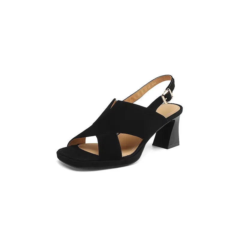 New Sheep Suede Summer Sandals Women Shoes Square Toe Sandals for Women Fashion Handmade Sandals Shoes High Heels Shoes Green