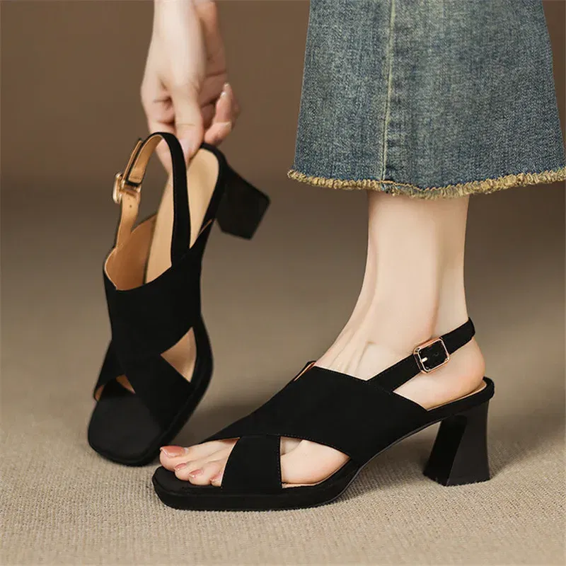 New Sheep Suede Summer Sandals Women Shoes Square Toe Sandals for Women Fashion Handmade Sandals Shoes High Heels Shoes Green