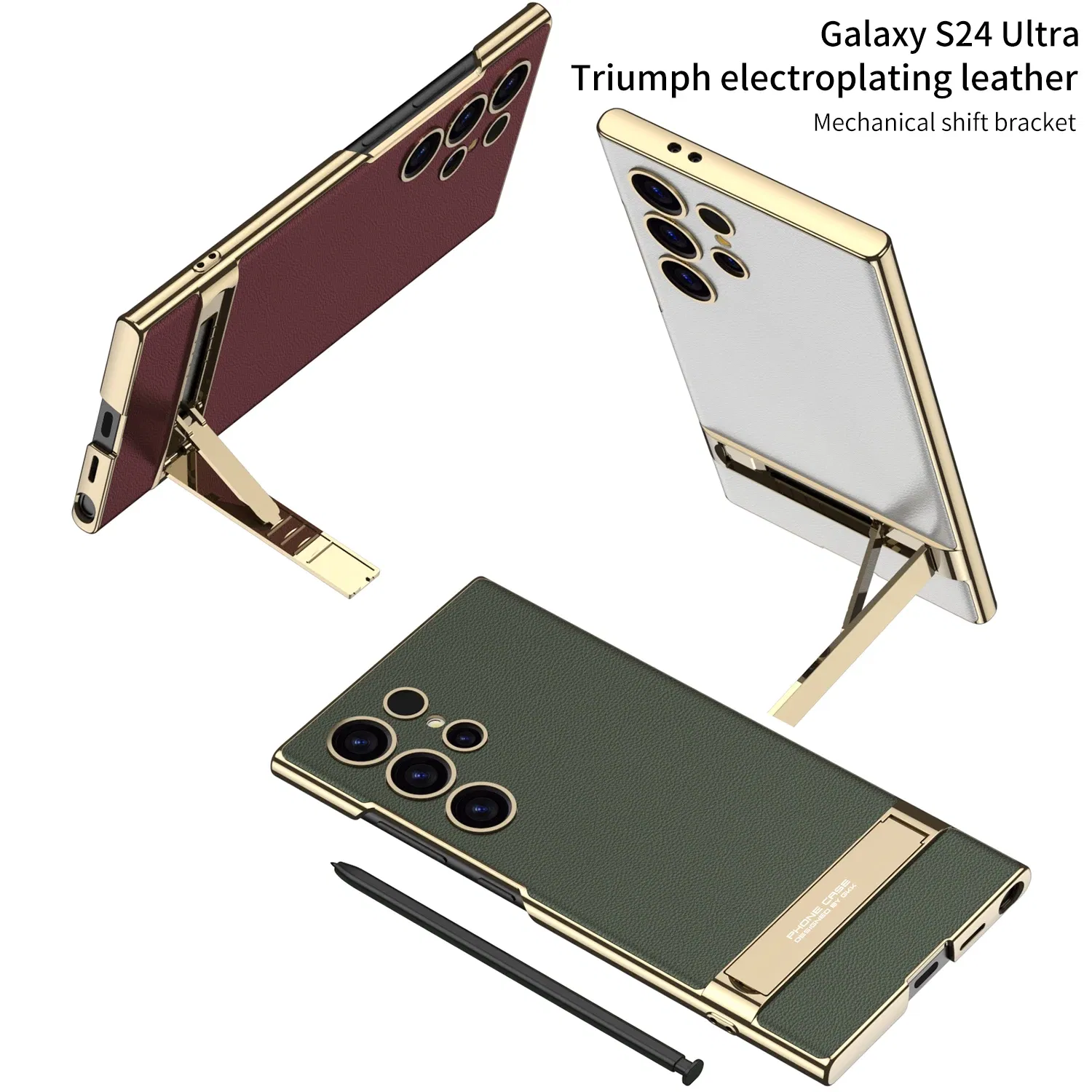 Color: Black, Bundle: Case & Strap, Material: Canvas - For Samsung Galaxy S24 Ultra Plus Case Luxury Electroplated Gold Border Plain Leather Bracket Shockproof Back Cover Accessories