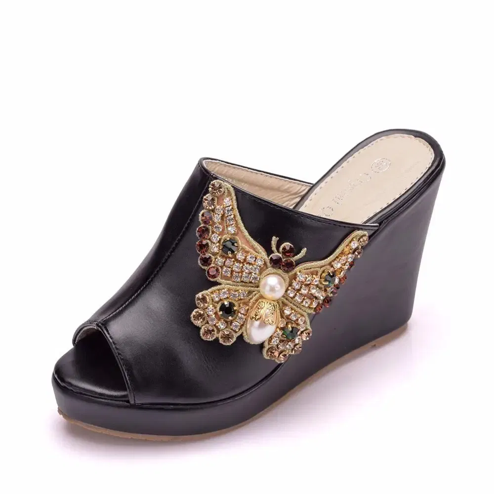 Color: black, Shoe Size: 37 - Crystal Queen 10cm Peep Toe Platform Wedges Slippers High Heels Beach Sandals Women