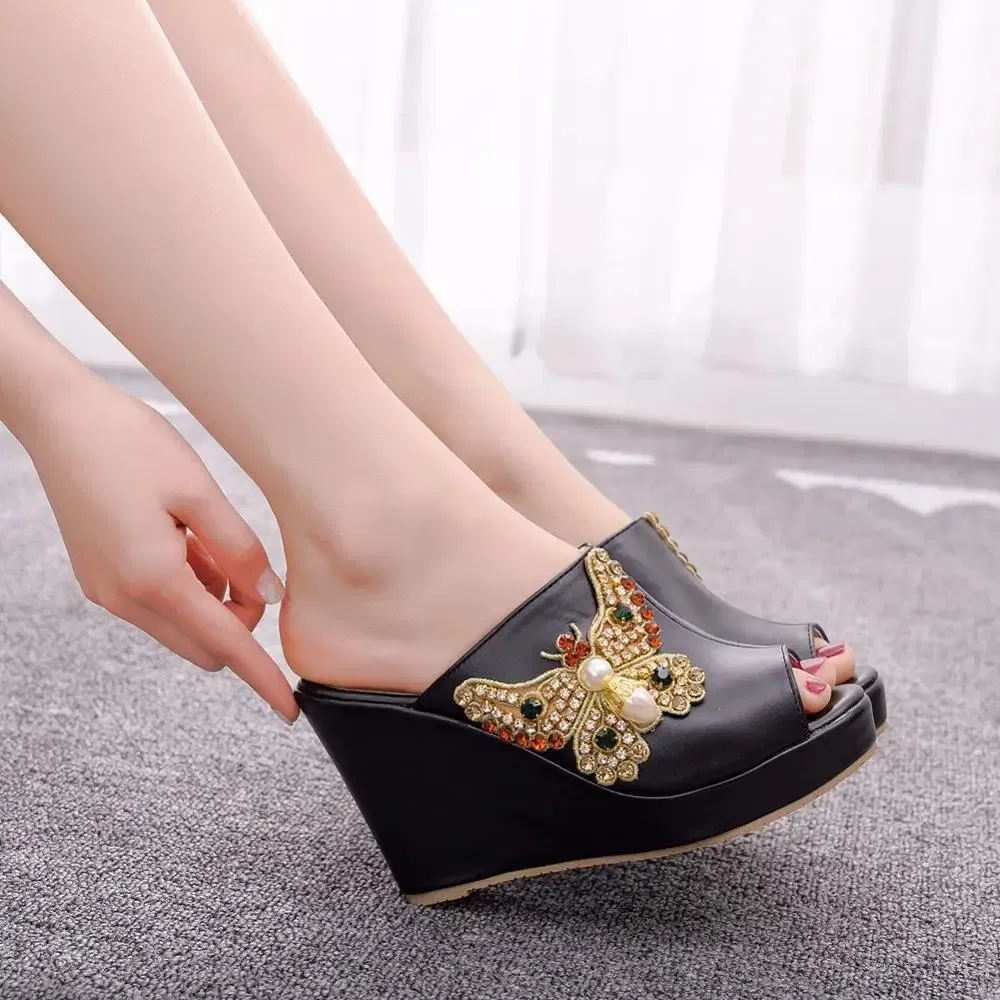 Color: black, Shoe Size: 37 - Crystal Queen 10cm Peep Toe Platform Wedges Slippers High Heels Beach Sandals Women