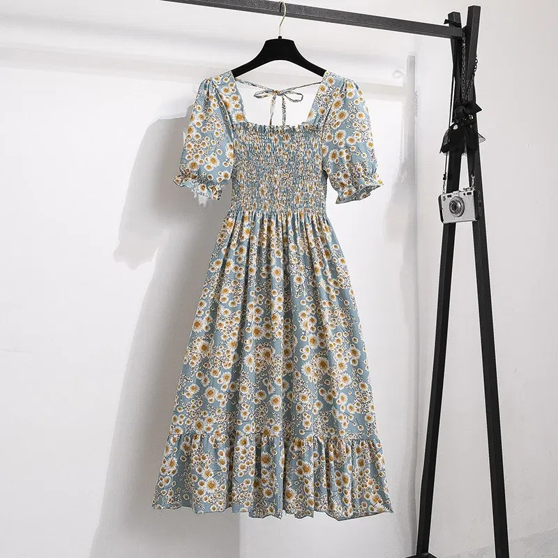 Color: Turquoise, Size: One Size - Spring Summer Chiffon Dresses Fashion Female Elastic Waist Short Sleeve Pleated Casual Dress Women A-line Dresses Vestidos