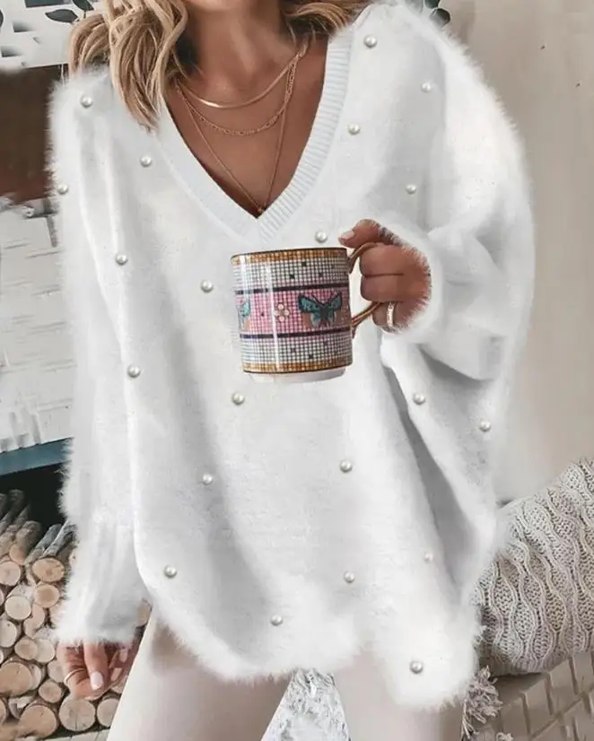 Color: black, Size: XL - Korean Style Lazy Women's Sweater 2024 Autumn Ribbed Knitted Pullover V-Neck Pearl Long Sleeved Fluffy Top Women's Loose Sweater