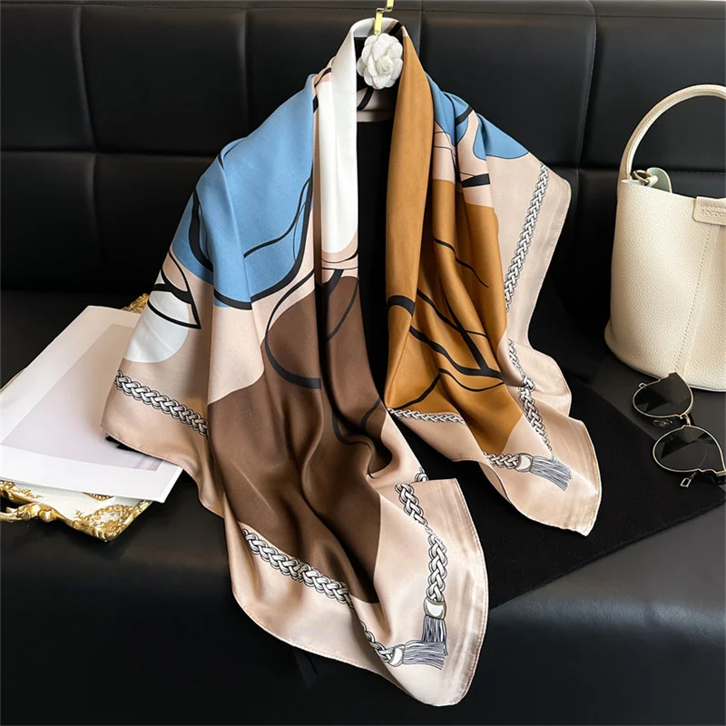 Color: black, Size: One Size - New Simple Printed Silk Scarf 90cm Twill Scarf Women Korean Style Large Square Scarf Sunscreen Shawl Headscarf Female Luxury