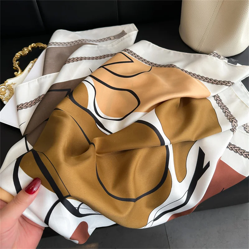 Color: black, Size: One Size - New Simple Printed Silk Scarf 90cm Twill Scarf Women Korean Style Large Square Scarf Sunscreen Shawl Headscarf Female Luxury