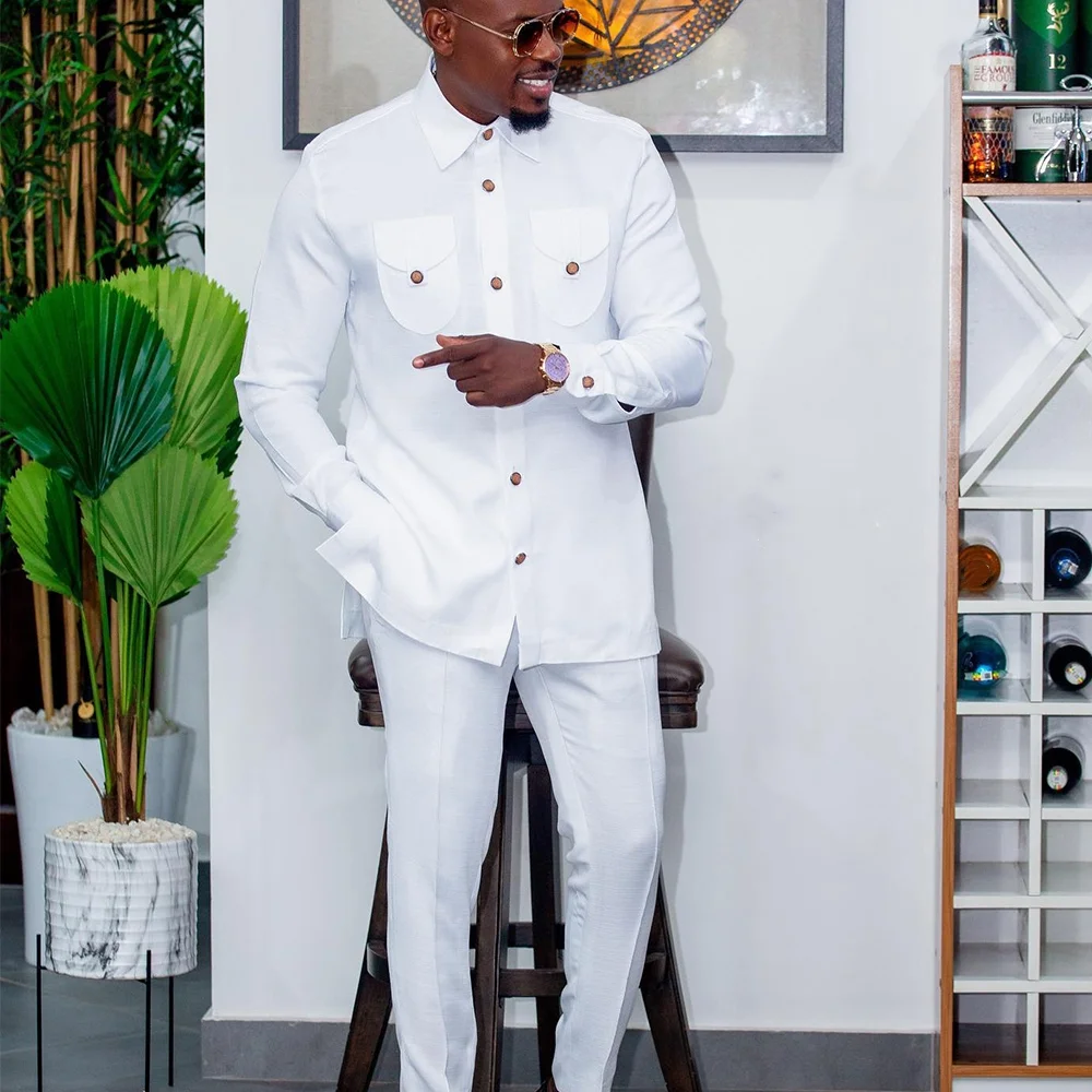 Color: Mint, Size: L - 2025 New men's suit, white pocket, 2-piece set, luxury wedding casual suit, traditional African style of ethnic minorities