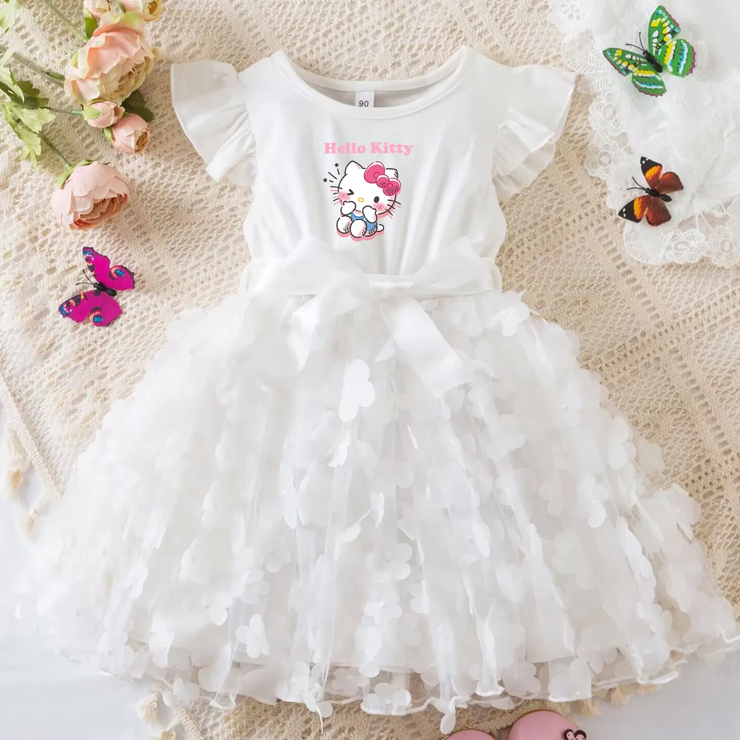 Color: Khaki, Size: L - Hello Kitty Summer Dress for Kid's Casual Clothes 3D Butterfly Cute Baby Girls Princess Dress Party Dresses 2-6 Yrs