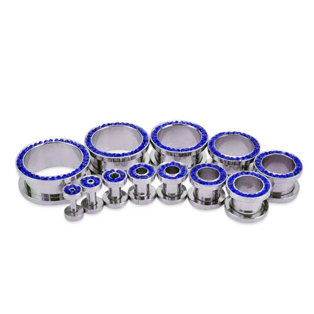 Metal color: Pure Gold Color, Main Stone Color: Blue - 2pc Steel Multicolour Crystal Ear Plug Flesh Tunnel 8g ( 3mm ) - 1" ( 25mm ) Gauge Expander Stretcher Screw Fit