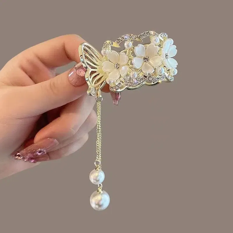 Color: GRAY - Fashion Rhinestone Tassel Pearl Hair Claws Flowers Hair Clip Women Barrettes Ponytail Holder Hairpins Hair Accessories Gifts