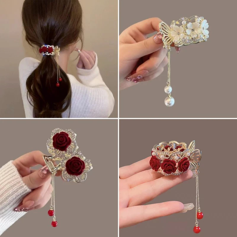 Color: GRAY - Fashion Rhinestone Tassel Pearl Hair Claws Flowers Hair Clip Women Barrettes Ponytail Holder Hairpins Hair Accessories Gifts