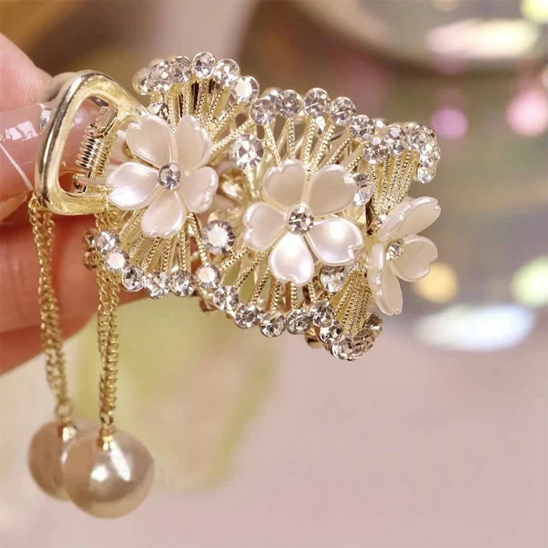 Color: GRAY - Fashion Rhinestone Tassel Pearl Hair Claws Flowers Hair Clip Women Barrettes Ponytail Holder Hairpins Hair Accessories Gifts
