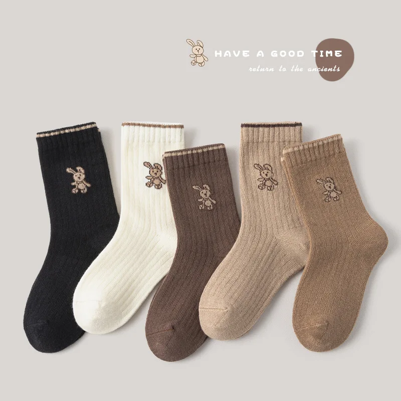 Color: Beige, Size: 2-3T - Autumn Socks Baby 5 Pairs Cartoon Bunny Pattern Socks Girls Calf Length Children Socks Solid Cotton Socks