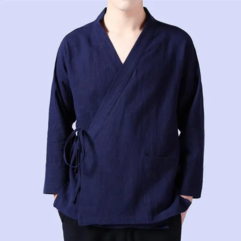 Color: Dark Grey, Size: L - Plus Size M-6XL Pure Color Men's Tops 2024 New Cotton Linen Oblique Placket Long Sleeve Linen Hanfu chinese Clothing Kimono