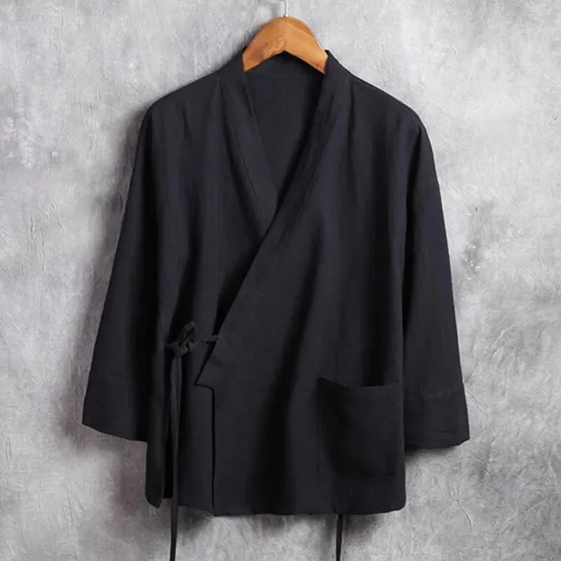 Color: Dark Grey, Size: L - Plus Size M-6XL Pure Color Men's Tops 2024 New Cotton Linen Oblique Placket Long Sleeve Linen Hanfu chinese Clothing Kimono