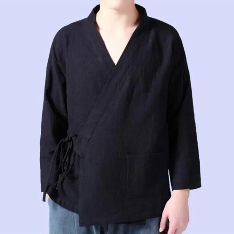 Color: Dark Grey, Size: L - Plus Size M-6XL Pure Color Men's Tops 2024 New Cotton Linen Oblique Placket Long Sleeve Linen Hanfu chinese Clothing  Kimono