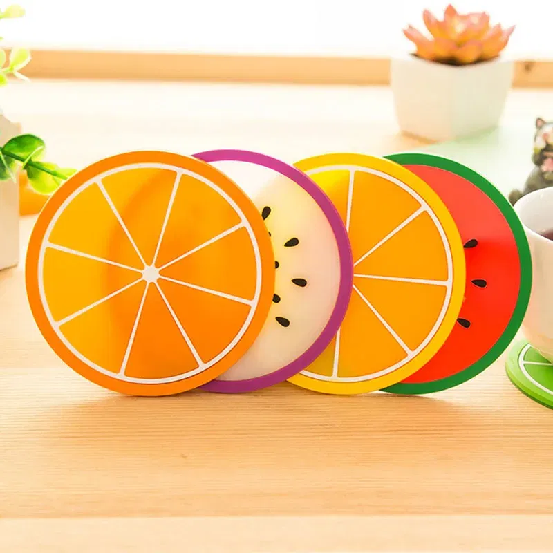 Color: Yellow, Shape Style: Round - Silicone Coaster Mini Round Fruit Pattern Drink Coaster Hot Drink Holder Hot Coffee Tray Desktop Insulation Pad Cute Creative