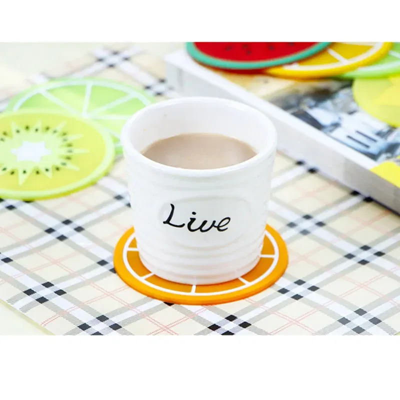 Color: Yellow, Shape Style: Round - Silicone Coaster Mini Round Fruit Pattern Drink Coaster Hot Drink Holder Hot Coffee Tray Desktop Insulation Pad Cute Creative