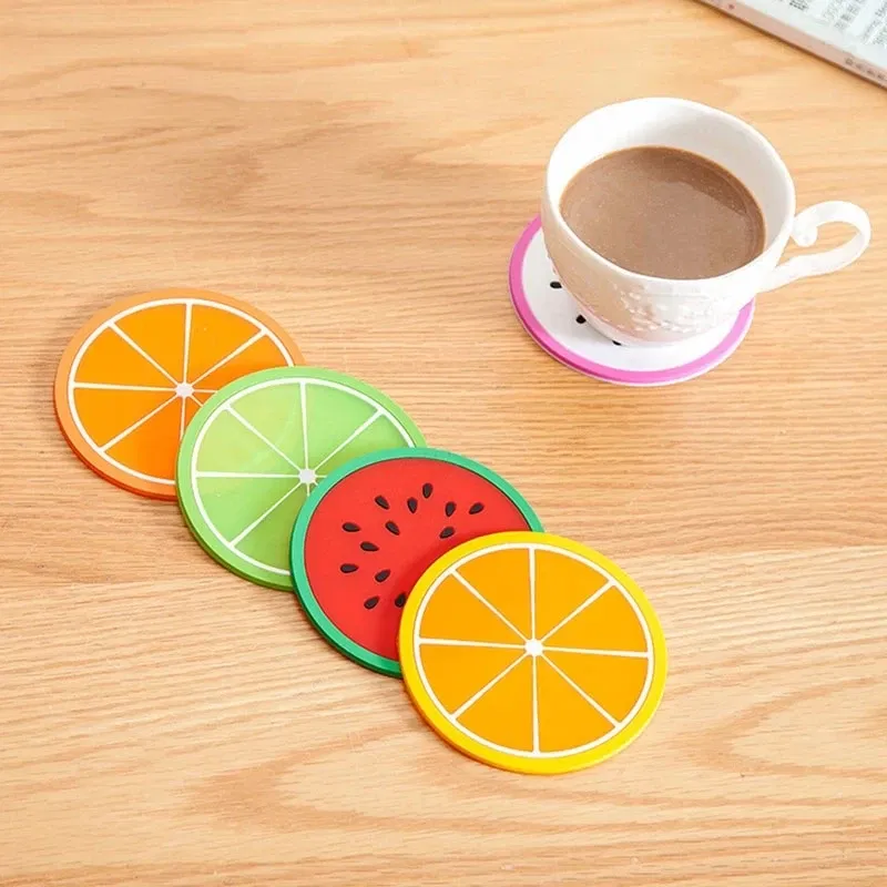 Color: Yellow, Shape Style: Round - Silicone Coaster Mini Round Fruit Pattern Drink Coaster Hot Drink Holder Hot Coffee Tray Desktop Insulation Pad Cute Creative
