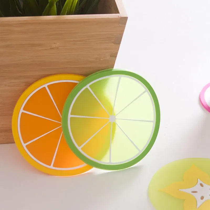 Color: Yellow, Shape Style: Round - Silicone Coaster Mini Round Fruit Pattern Drink Coaster Hot Drink Holder Hot Coffee Tray Desktop Insulation Pad Cute Creative