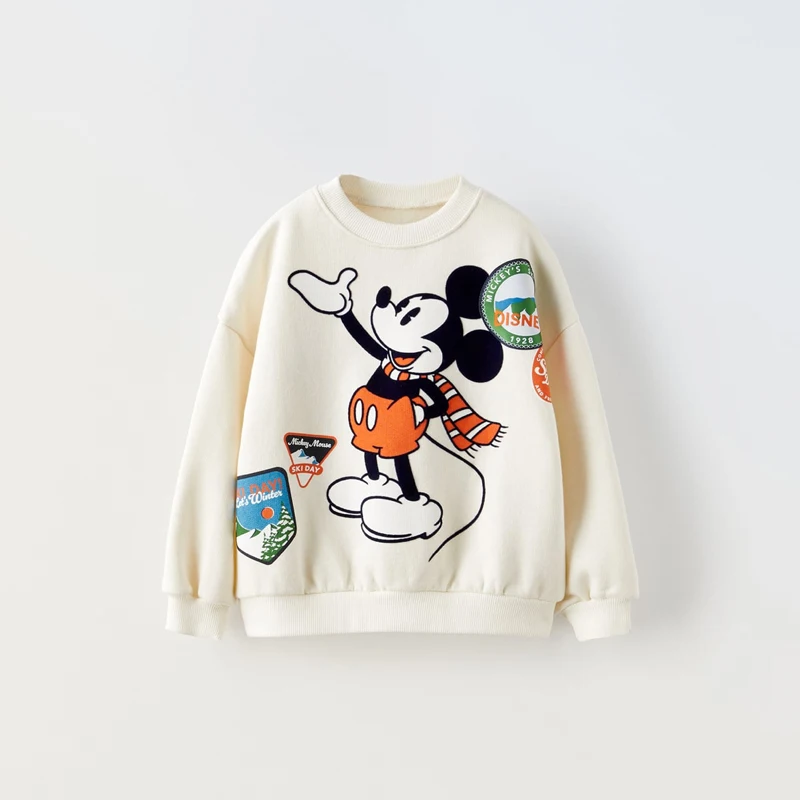 Color: WHEAT, Kid Size: 12M - Spring New Mickey Sweatshirt Loose Fashion Long Sleeved Tops O-neck Children Baby Casual Hoodies Boys Clothing Cartoon Sweater