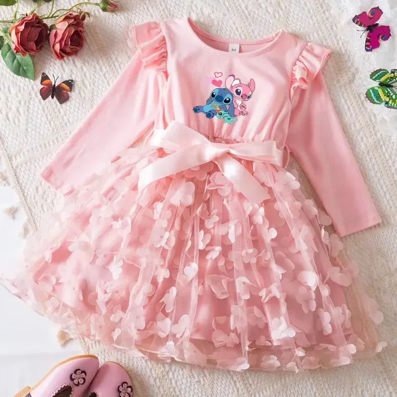 Color: MULTI, Size: One Size, Height: 164 - Lilo Stitch Girl Baby Dresses Spring Autumn Child Long Sleeve Sweet Princess Dress Mesh Newborn Casual Dress Birthday Party 2-6Y