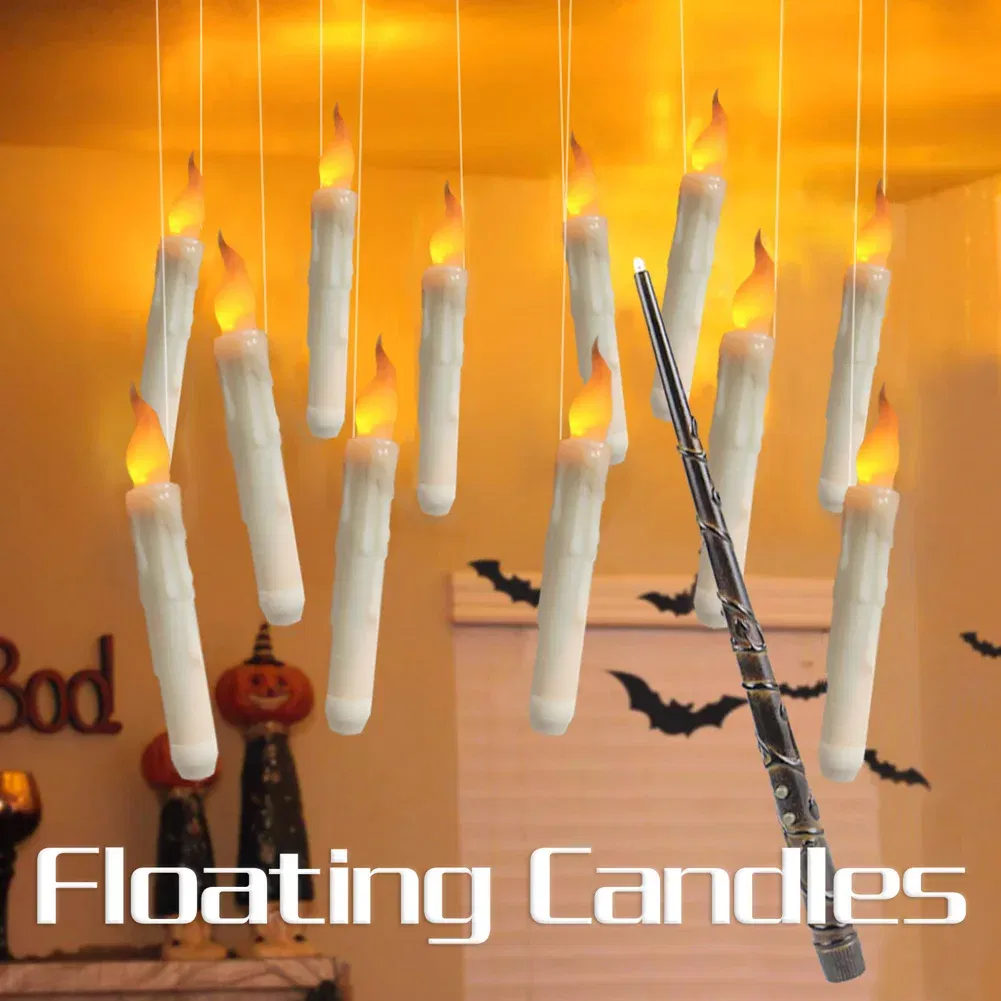 Emitting Color: Warm White - Halloween LED Floating Candles Magic Wand Remote Hanging Operated Potter Harries Battery Floating Candles Warm Light Decoration