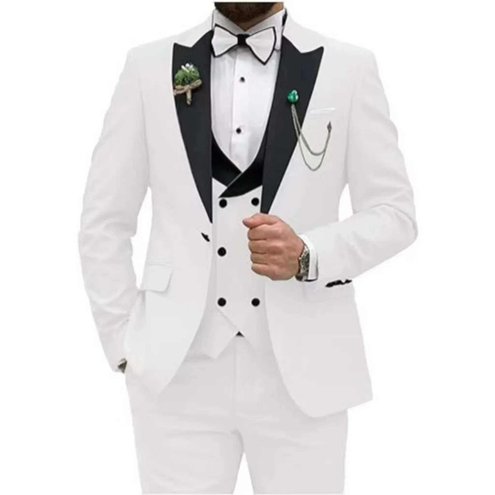 Color: WHITE, Size: 6XL - Men Suit Colorful Luxury Blazer Vest And Pant Sets 3 Piece Birthday Dress Business Prom Evening Party Costumes High Quality