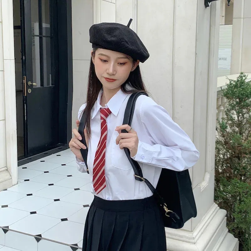 Color: WHITE, Size: M - MEXZT Japanese Women Solid White Shirts Spring Jk Preppy Style Long Sleeve Student Blouse Fashion Button Female Pocket Tops New