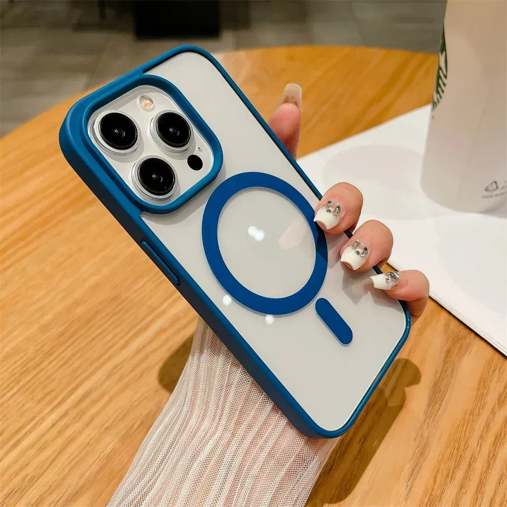Color: Dark Blue, Material: Plastic - Luxury Shockproof Magsafe Wireless Charge Case for iPhone 17 Air 16 15 14 Plus 13 12 Mini 11 Pro Max Clear Magnetic Bumper Cover