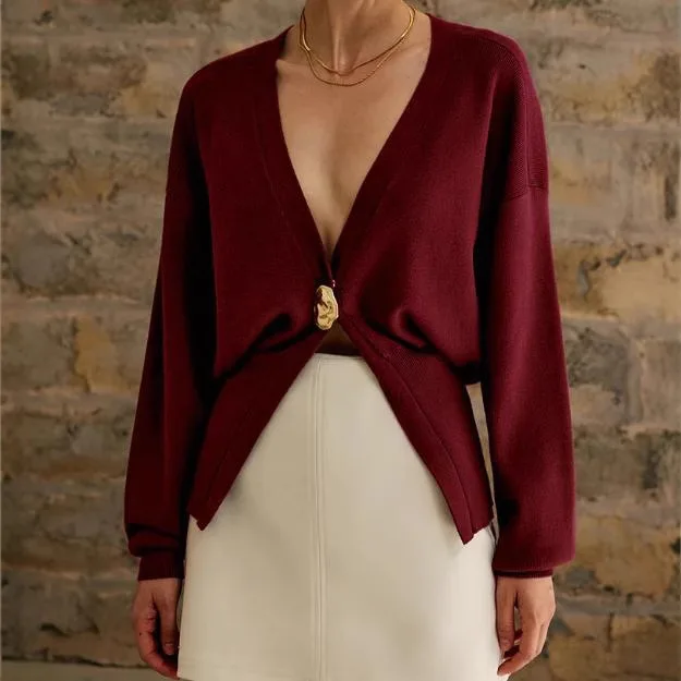Color: Burgundy, Size: S - Women's Knitted Sweater with Elegant Temperament, Solid Color, Long Sleeved Buttons, Knitted Open