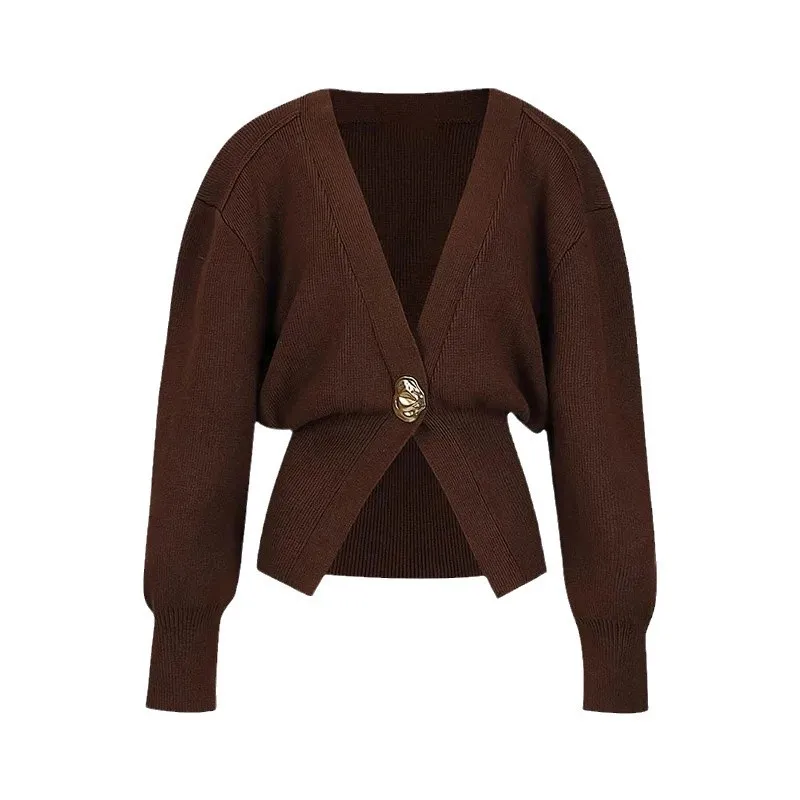 Color: Burgundy, Size: S - Women's Knitted Sweater with Elegant Temperament, Solid Color, Long Sleeved Buttons, Knitted Open