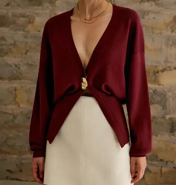 Color: Burgundy, Size: S - Women's Knitted Sweater with Elegant Temperament, Solid Color, Long Sleeved Buttons, Knitted Open
