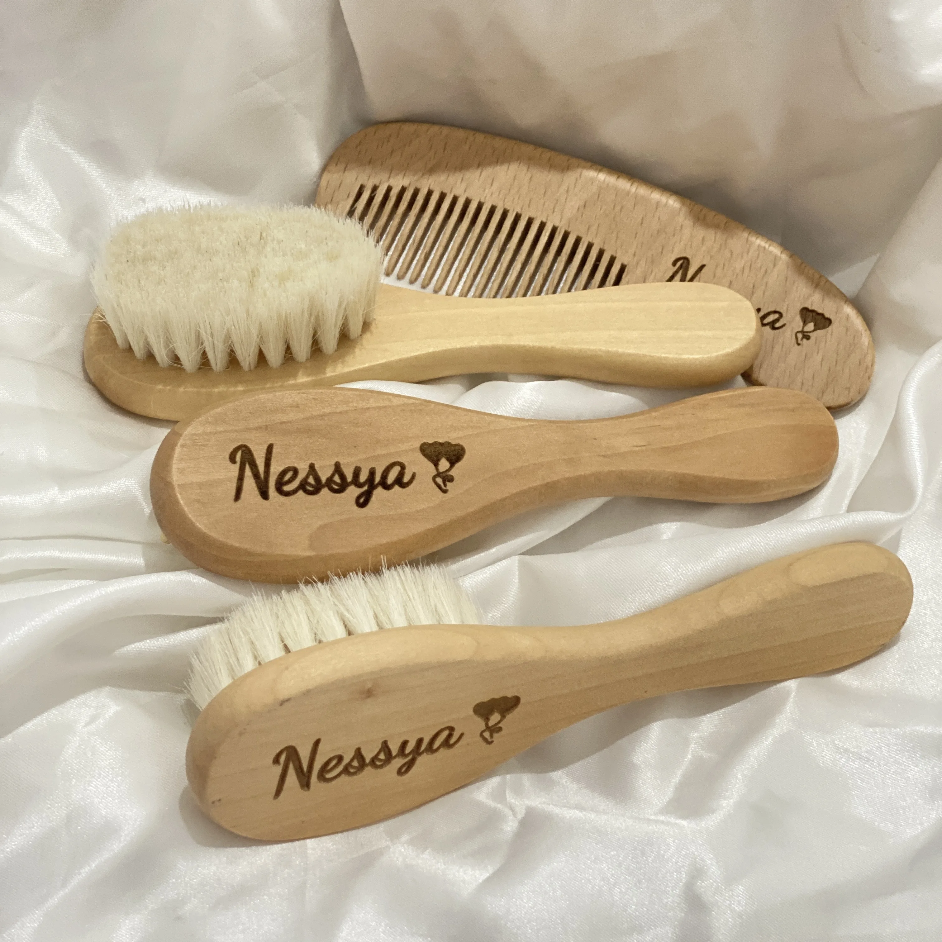 Color: Fluorescence Yellow - Personalized Baby Care Hair Brush Pure Natural Wool Wood Comb,Engraved Newborn Massager Baby Shower and Registry Gift