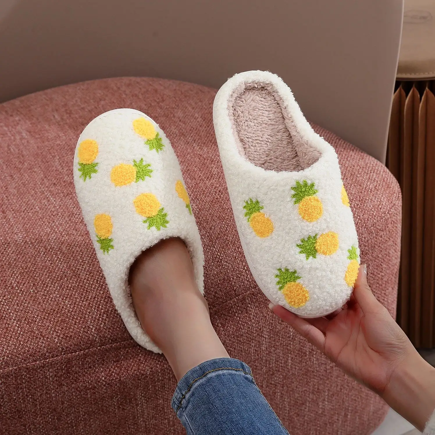 Color: WHITE, Shoe Size: 36 - Winter home household seven pineapple cotton slippers non-slip thickeneding small fresh cotton slippers