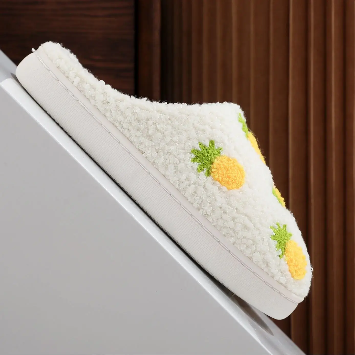 Color: WHITE, Shoe Size: 36 - Winter home household seven pineapple cotton slippers non-slip thickeneding small fresh cotton slippers