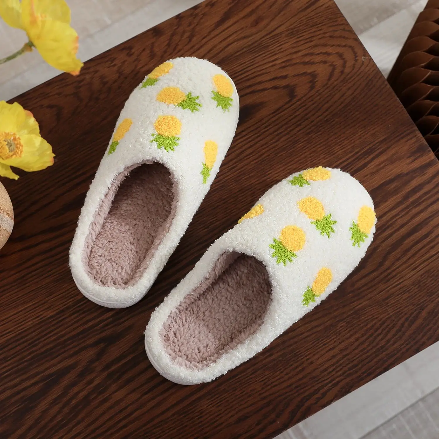 Color: WHITE, Shoe Size: 36 - Winter home household seven pineapple cotton slippers non-slip thickeneding small fresh cotton slippers